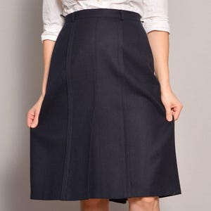 Size 8 | Pure Wool Skirt Navy Blue Basler Skirt 80s Dark Skirts High Rise A Line Knee Lenght Textured Patterned Flare Classy Elegant