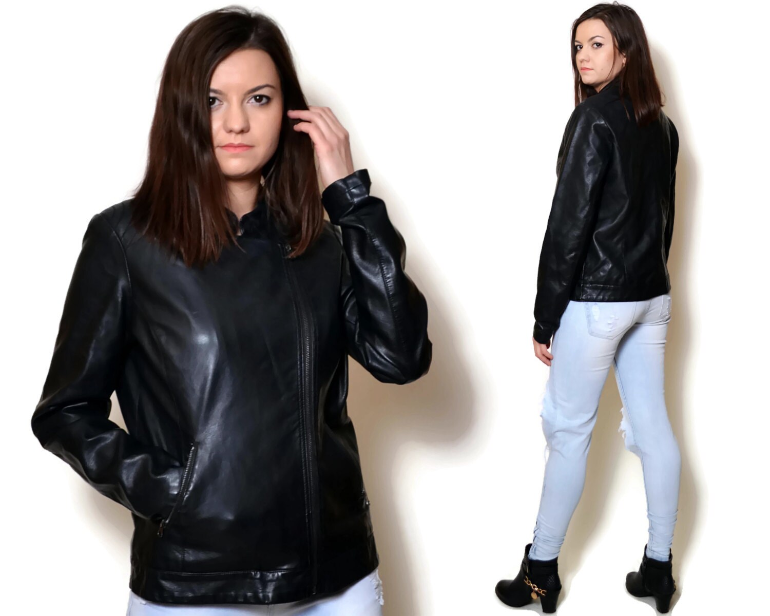 des années 90 noir veste en faux cuir simili cuir blazer col | Etsy