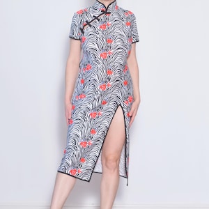 Zebra Cheongsam Dress | Size US 10 | Black White Floral High Slit Qipao Dress | Mandarin Collar Low Open Back Sexy Asian Chinese Midi