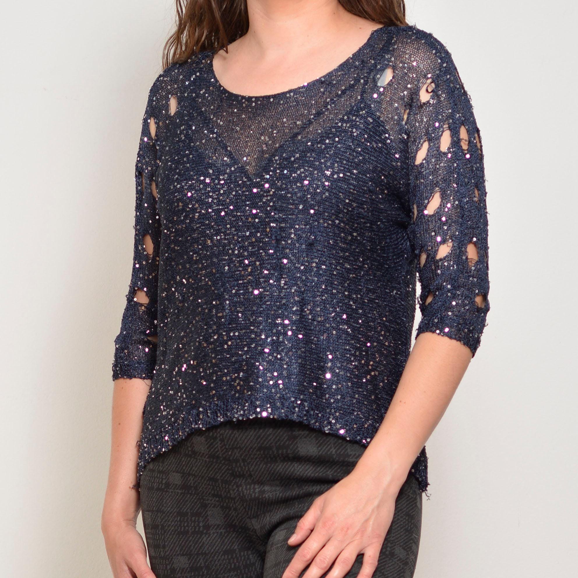 Navy Blue Blue Sequin Sweater M&Co Navy Blue Sequin Star