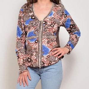 Size US10 to 12 | Beaded Lace Trim Floral Bohemian Blouse | Brown Red Blue Flowers Zipper Long Sleeve V Neck Elastic Floral Boho 2000s