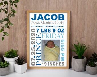 Personalized Baby Announcement Print, Beautiful customizable 12x18 digital file with personalized name and birth information and picture