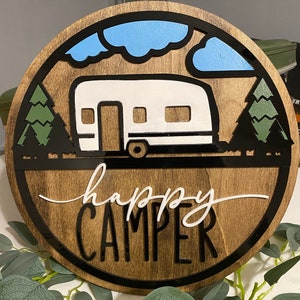 Happy Camper Sign | 3D Door Hanger Sign | Camper Door Hanger| Round Wood Sign | Camping Gift