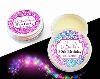 Personalised lip balm Birthday Gift, Hen Party Bridal Shower, Party bag filler, Gift for Her, Bridesmaid Gift, Glitter Effect Lip Balms