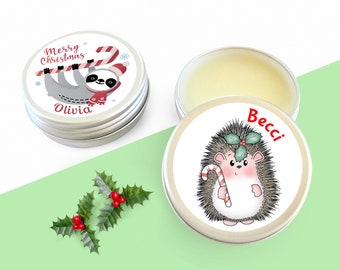 Personalised Christmas Lip Balm, Sloth or Hedgehog Design, Secret Santa Gift