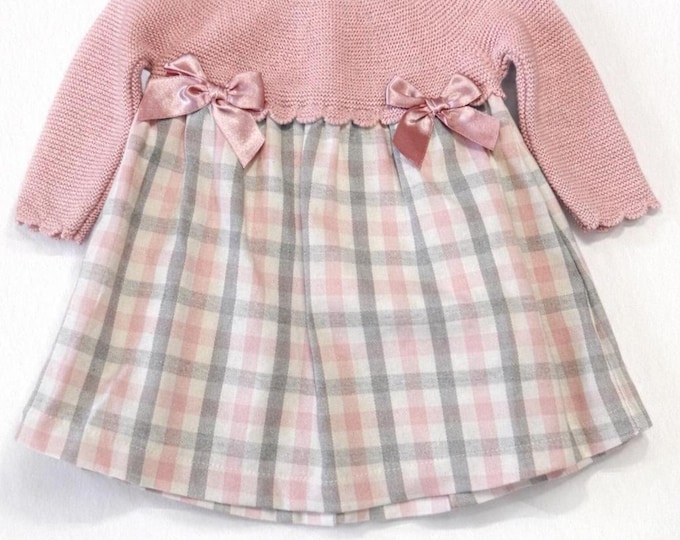 Pink Knitted Top Dress: Check Skirt, Satin Bows
