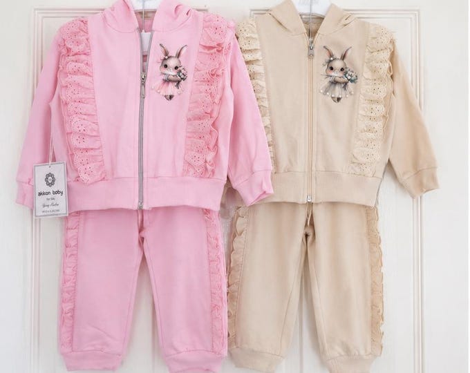 girls bunny tracksuit pink or cream/beige