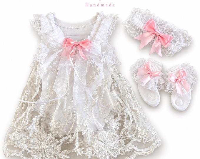 Premature hand made white lace dress set with pink satin bows