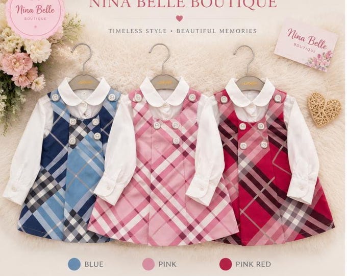 Girls plaid pinafore dress with white blouse