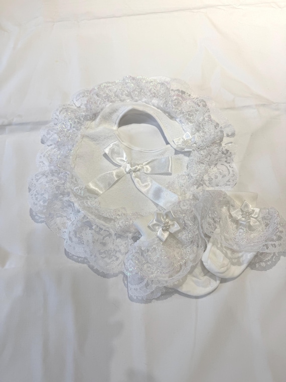Christening frilly bib and socks 0-3 months