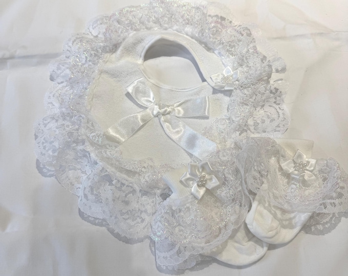 Christening frilly bib and socks 0-3 months