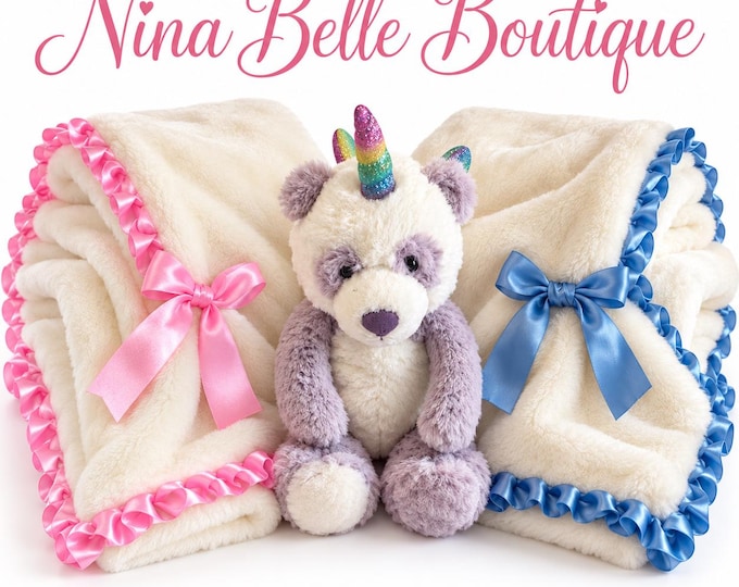 Handmade fleece  blankets    with pink or blue trim and   free unicorn teddy