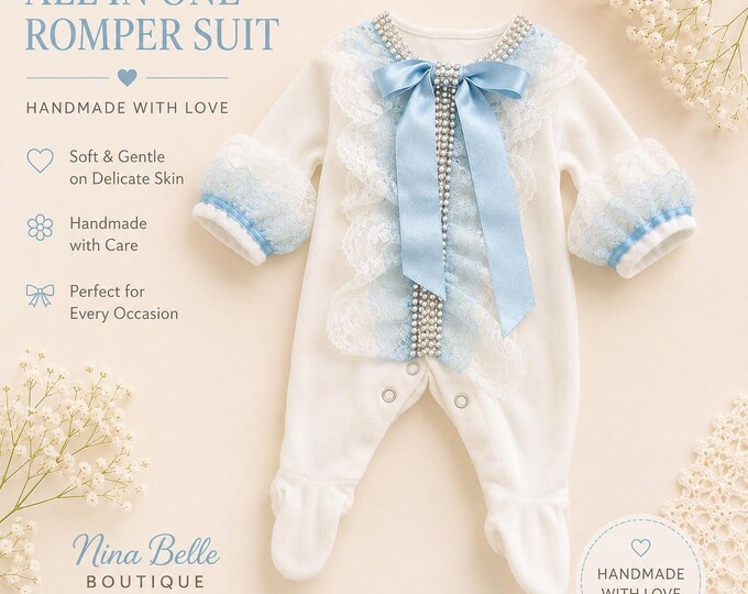 blue and white lace romper
