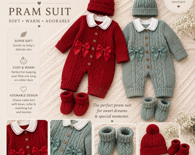 Knitted Baby Pram Suit with satin bows,Hat  comes in red or turquoise