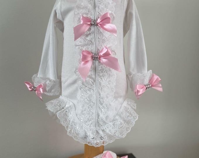 long sleeve romper with bespoke frill trim