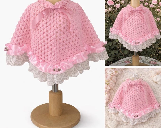 Handmade crochet Baby Poncho: Pink Knit