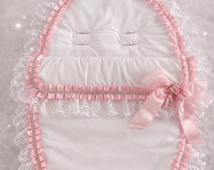 Cosy toes  footmuff ,frilly lace and bows with diamanté pink satin lace