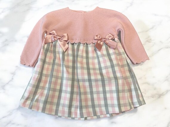 Pink Knitted Top Dress: Check Skirt, Satin Bows
