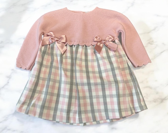 Pink Knitted Top Dress: Check Skirt, Satin Bows