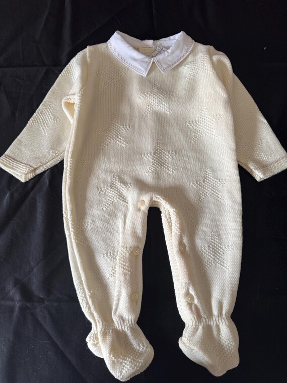 Cream Baby Romper: Star Pattern, Embroidered Collar