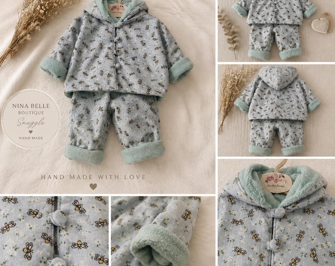 Blue Fleece lined snow suit with bumble bee detail