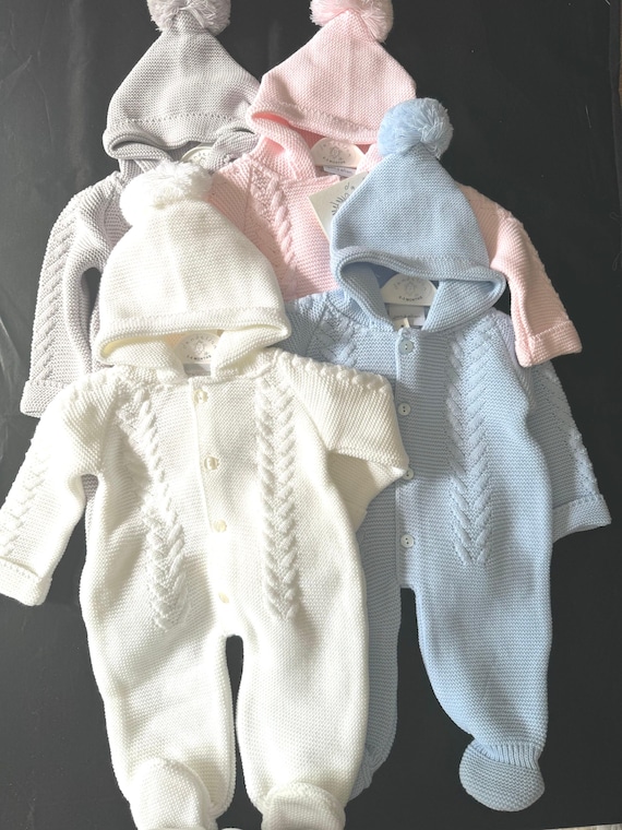 Knitted Baby Pram Suit with Pom Pom Hat