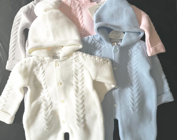 Knitted Baby Pram Suit with Pom Pom Hat