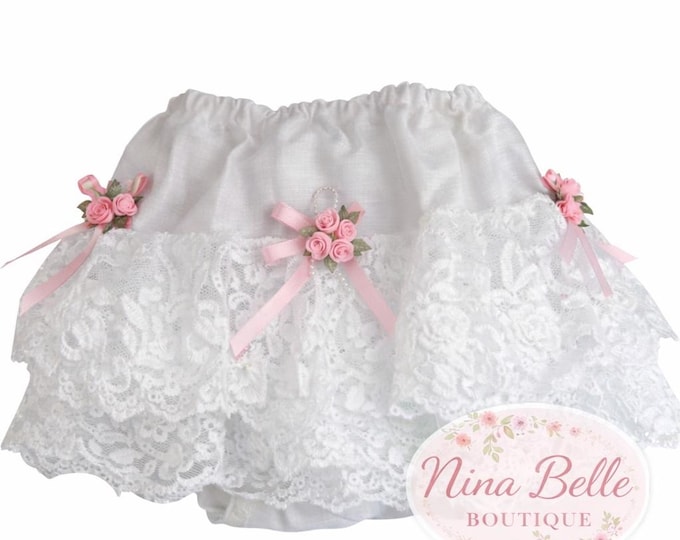 Handmade Baby Bloomers | White Lace Frilly Pants with Satin Flower Detail | Newborn Photo Outfit