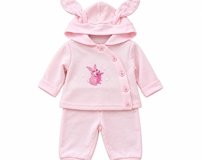 Pink baby bunny outfit -hooded top with bunny ears and matching trousers -two piece set