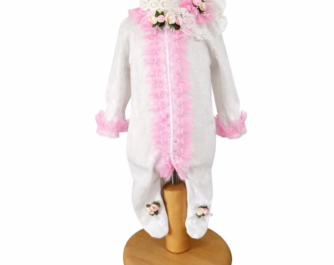 Handmade Spanish Style Baby Girl Romper || Pink & White Floral Detail | Newborn to Infant Outfit with hair band