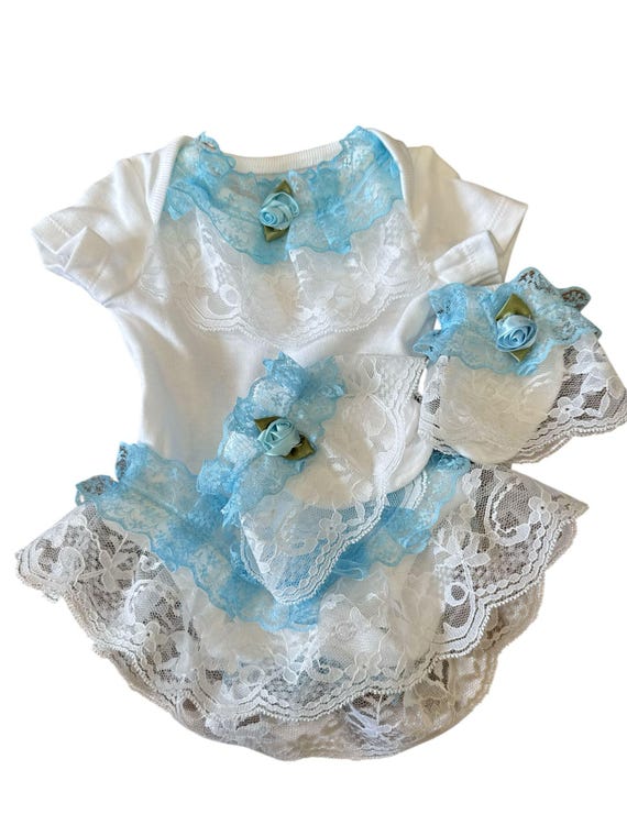 Baby Grow & Matching socks with blue trim finish