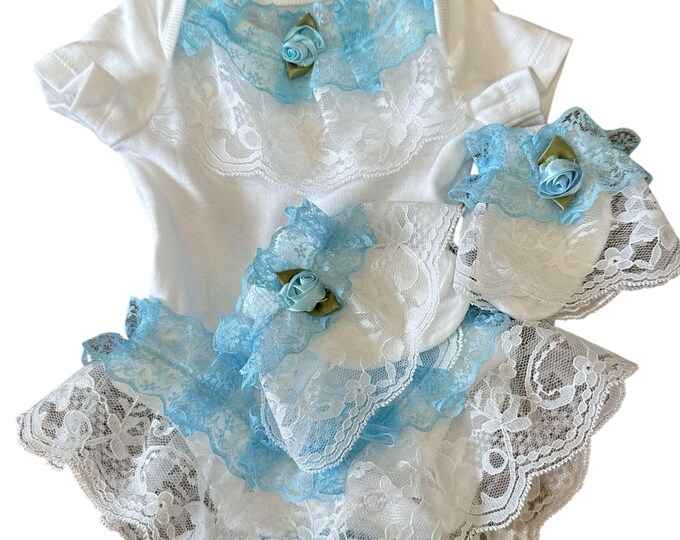 Baby Grow & Matching socks with blue trim finish