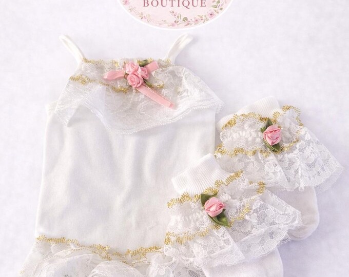 Baby girl lace outfit with white and gold trim pink roses and matching socks