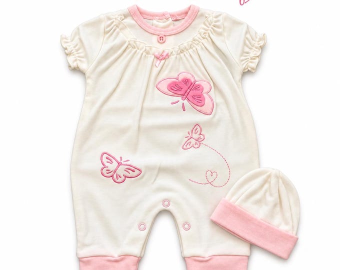 Baby girls butterfly romper and matching hat white and pink two piece outfit