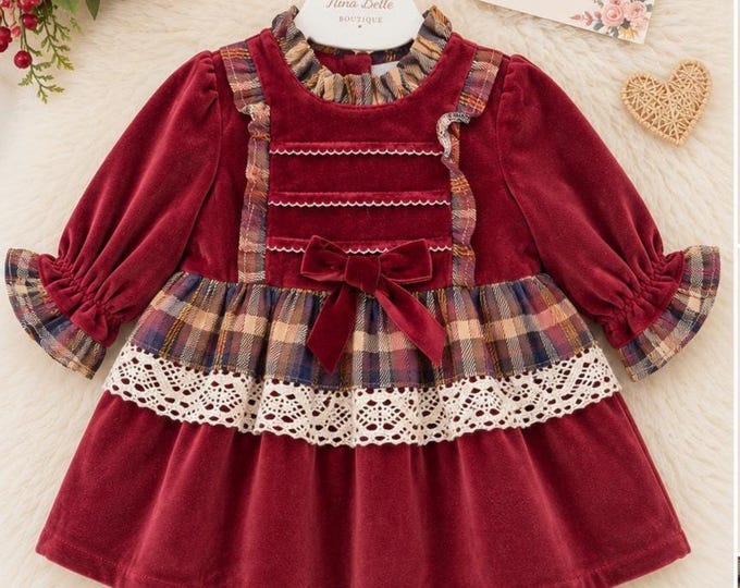 Girls red burgundy velvet tartan dress