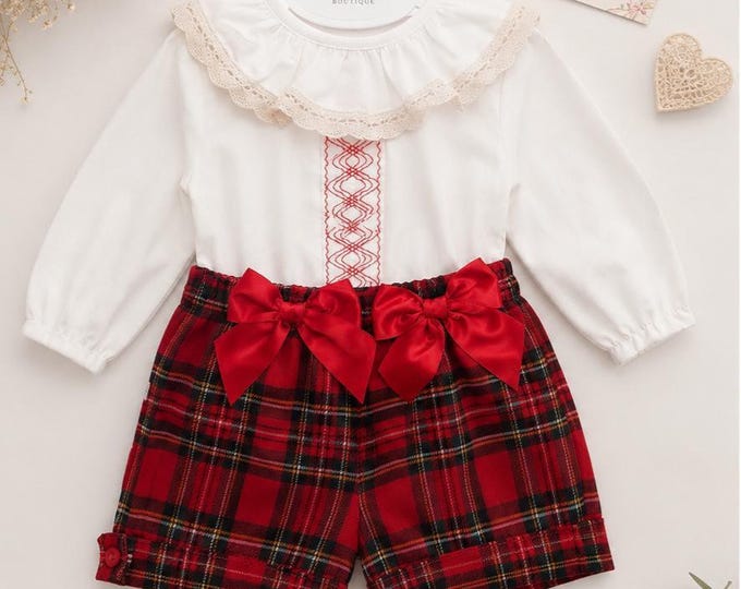 Girls red tartan Christmas outfit ,white ruffle blouse with tartan shorts
