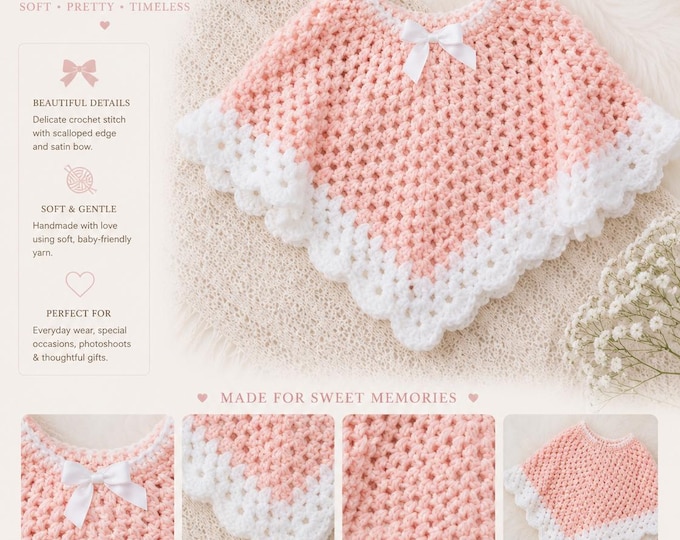 Handmade crochet Baby Poncho: Pink Knit