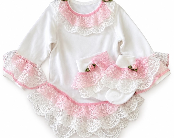 Pink and white lace baby girl bodysuit and matching socks