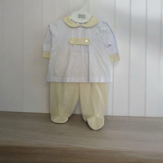 baby romper. yellow and white