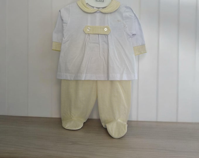 baby romper. yellow and white