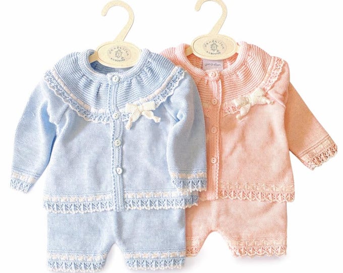 Vintage Style Knit Baby Set | Pastel Blue, Pink