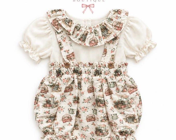 Baby girl outfit ,cream blouse with vintage style dungarees