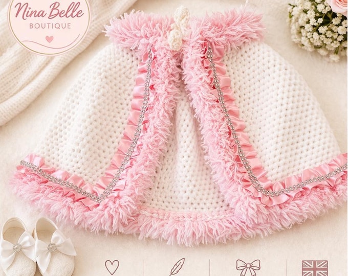 Baby girl crotchet cape  newborn baby gift christening outfit handmade uk