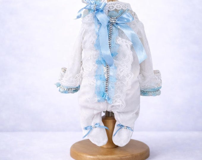 Blue and white lace romper with headband