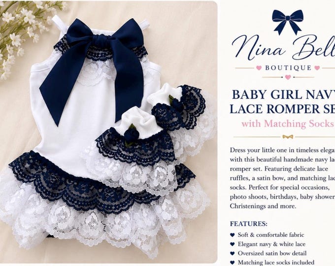 Baby girl navy lace romper set with matching socks