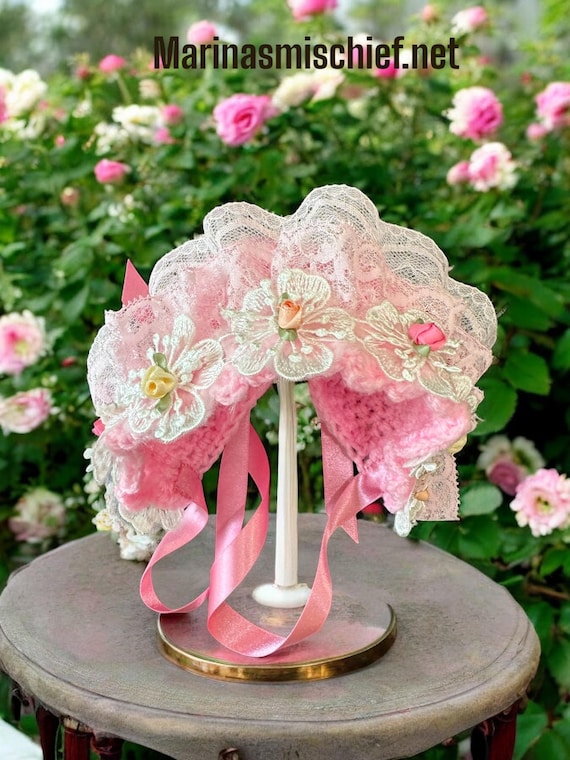 Handmade Lace Baby Bonnet with Satin Flowers
