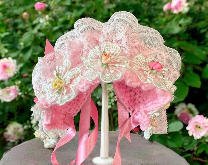 Handmade Lace Baby Bonnet with Satin Flowers