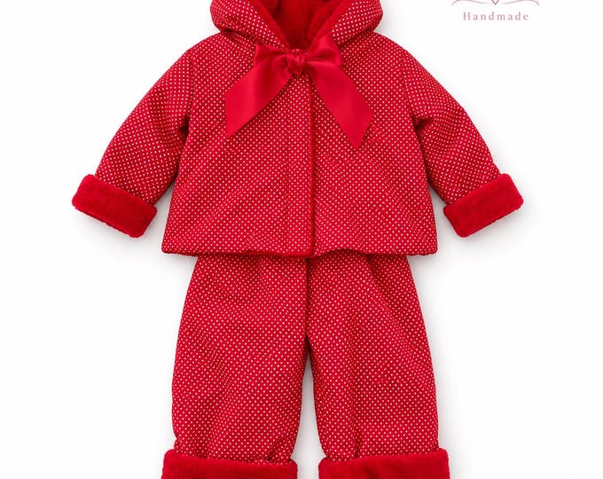 Hand Made red polka dot outfit hooded jacket with trousers and satin bow