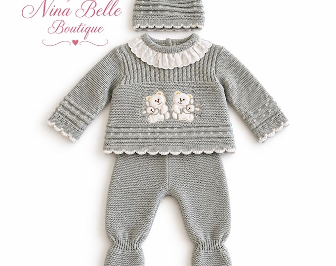 Grey knitted set ,teddy bear top ,,footed  trousers and matching hat