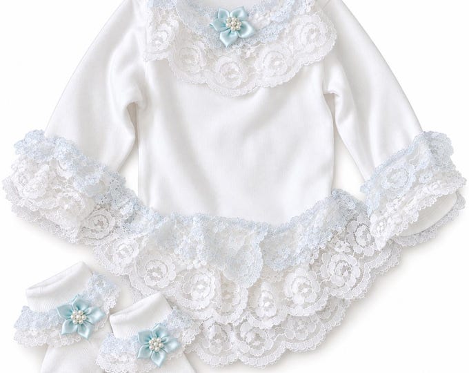 White Lace Vest and Socks body suit , matching socks , Blue Satin Flowers
